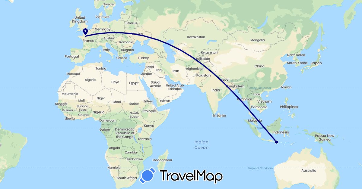 TravelMap itinerary: driving in France, Indonesia (Asia, Europe)